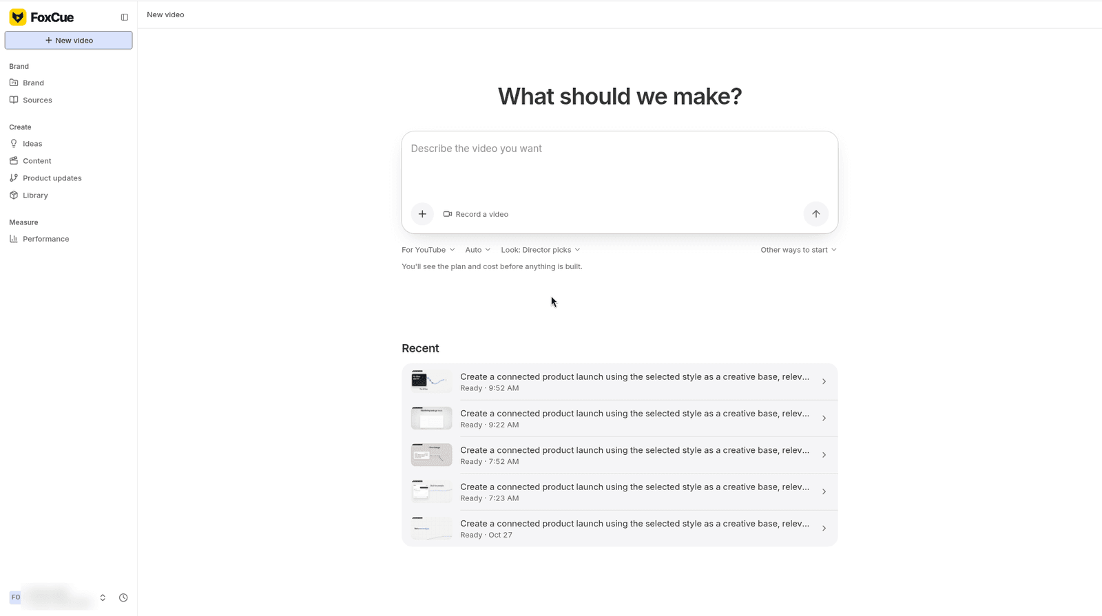 New video composer with an empty prompt and the recent list