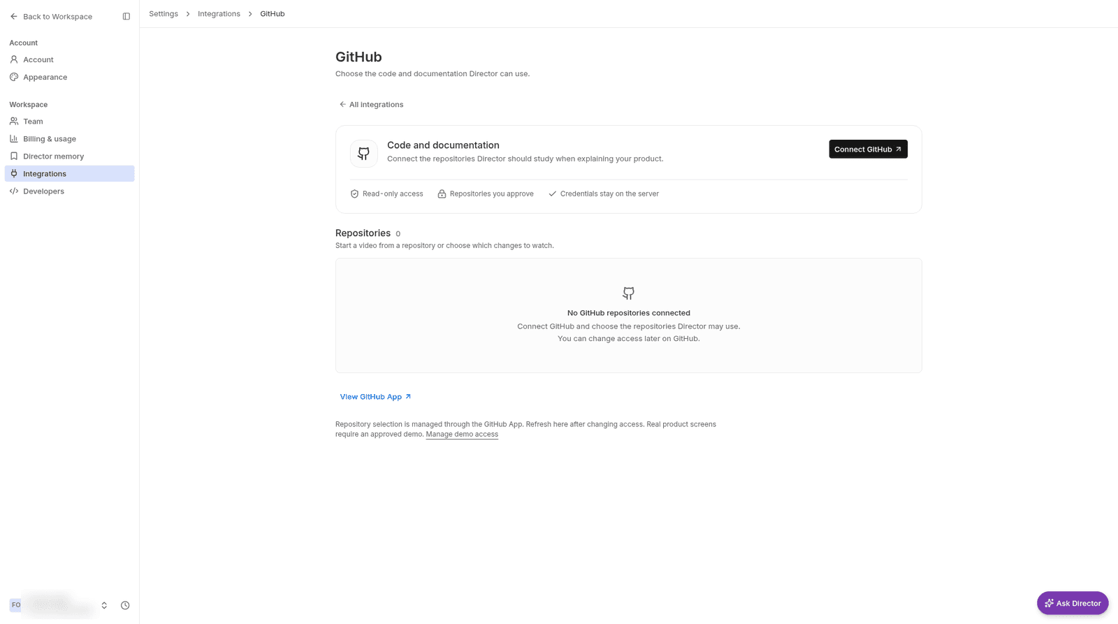 Settings → Integrations open on GitHub