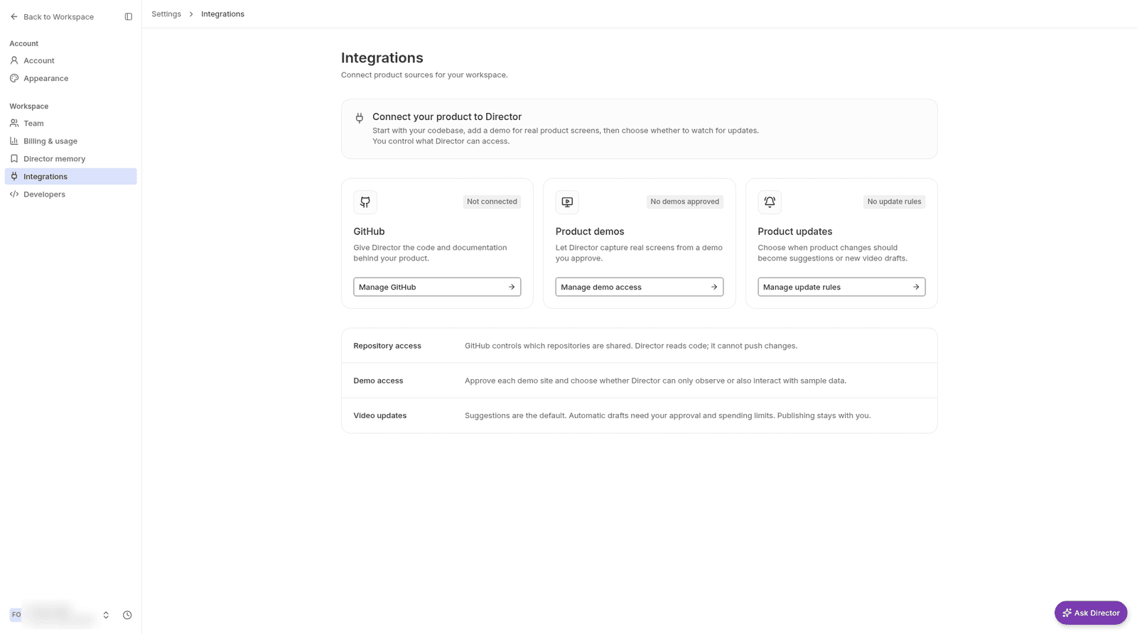 Settings → Integrations with GitHub, product demos and product updates, nothing connected